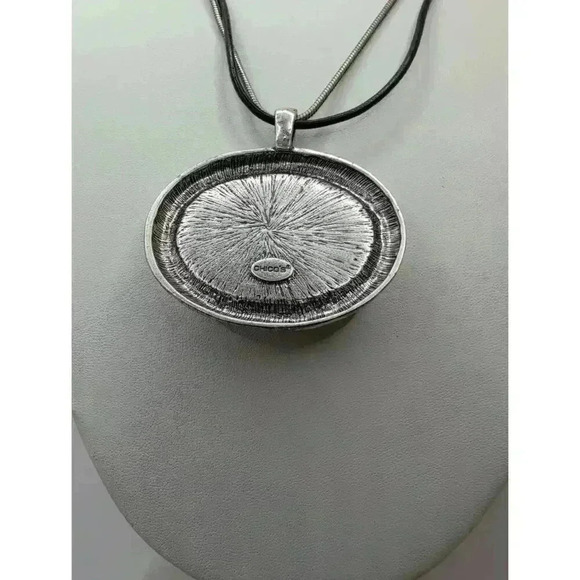 Chicos Silvertone Blue Pendant Patina Necklace Dual Chain - Picture 4 of 6